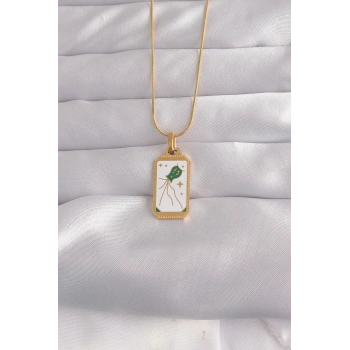 316L Çelik Gold Renk Beyaz Mineli Tarot Kolye
