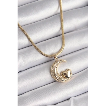 316L Çelik Gold Renk Çelik İtalyan Zincir Zirkon Taşlı Halil Figür Kalp Detay Kadın Kolye