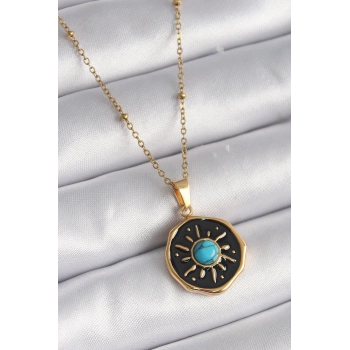 316L Çelik Gold Renk Mavi Boncuk Güneş İşleme Madalyon Model Kadın Kolye