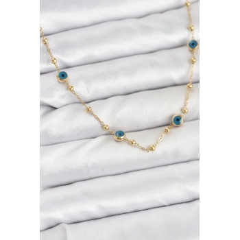 316L Çelik Gold Renk Nazarlı ve Topçuklu Model Kadın Kolye