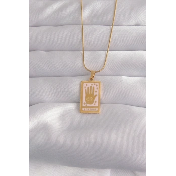 316L Çelik Gold Renk Pembe Mineli El Figür Tarot Kolye