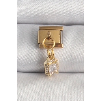 316L Çelik Gold Renk Sallantı Zirkon Taşlı Kare Model Nomination Charm