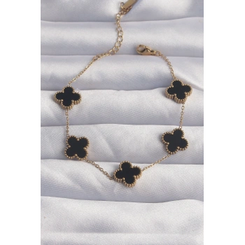 316L Çelik Gold Renk Siyah Mineli Yonca Bileklik