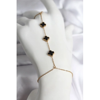 316L Çelik Gold Renk Siyah Yonca Model Kadın Şahmeran