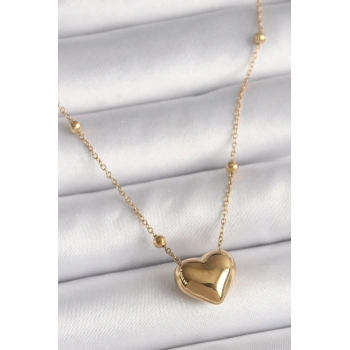 316L Çelik Gold Renk Topçuk Detaylı Zincir Kalp Model Kadın Kolye