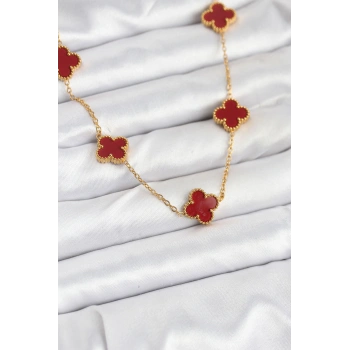 316L Çelik Gold Renk Zincir Bordo Yonca Kadın Kolye