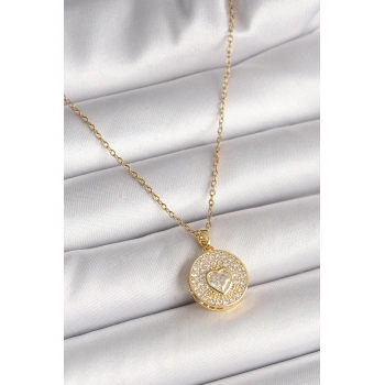 316L Çelik Gold Renk Zincir Madalyon Zirkon Taşlı Kalp Model Kadın Kolye