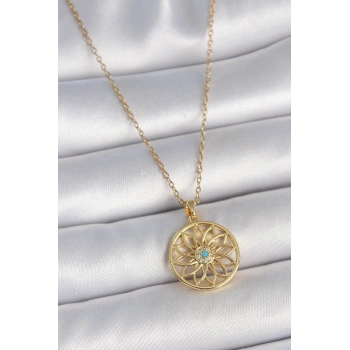316L Çelik Gold Renk Zincr Mavi Taşlı Lotus Model Kadın Kolye