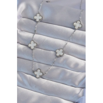 316L Çelik Gümüş Renk Beyaz Sedefli Yonca Kolye