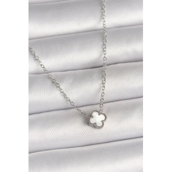 316L Çelik Gümüş Renk Beyaz Yonca Model Kadın Kolye