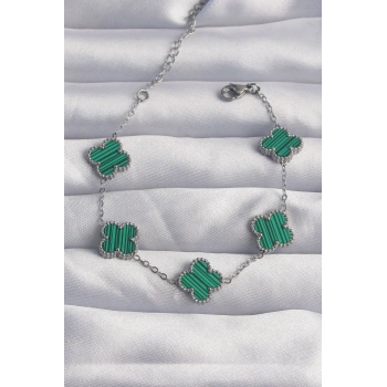 316L Çelik Gümüş Renk Çizgili Yeşil Mineli Yonca Bileklik