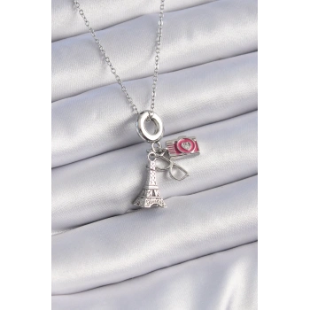 316L Çelik Gümüş Renk Eyfel Kule Fotoğraf Makinesi Model Charm Kadın Kolye