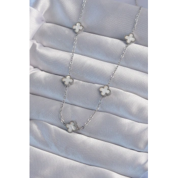 316L Çelik Gümüş Renk Minimal Beyaz Sedefli Yonca Kolye