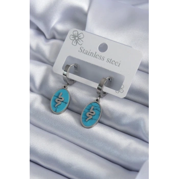 316L Çelik Gümüş Renk Oval Mavi Taşlı Yılan Figür Kadın Küpe