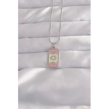 316L Çelik Gümüş Renk Pembe Mineli Ay Figür Tarot Kolye