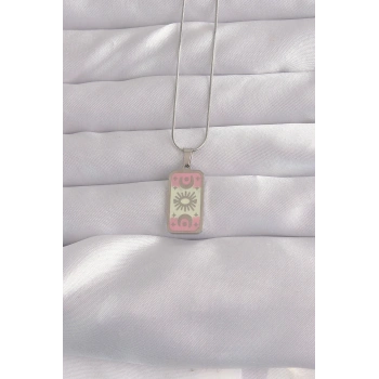 316L Çelik Gümüş Renk Pembe Mineli Ay Figür Tarot Kolye