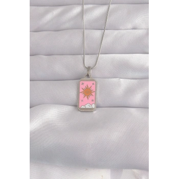 316L Çelik Gümüş Renk Pembe Mineli Güneş Model Tarot Kolye