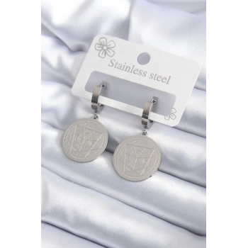 316L Çelik Gümüş Renk Pentagram İşleme Model Kadın Küpe