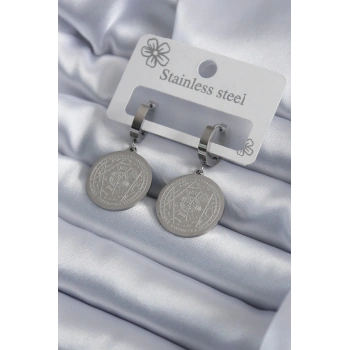 316L Çelik Gümüş Renk Pentagram Yıldızı İşleme Kadın Küpe