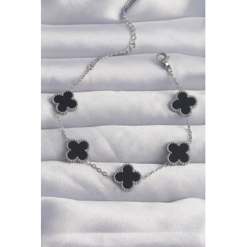 316L Çelik Gümüş Renk Siyah Mineli Yonca Bileklik