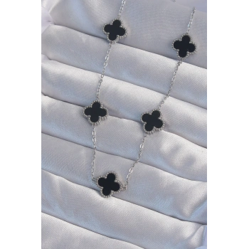 316L Çelik Gümüş Renk Siyah Mineli Yonca Kolye