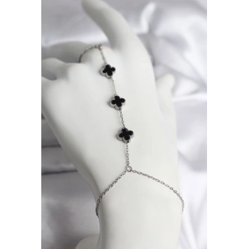 316L Çelik Gümüş Renk Siyah Yonca Model Kadın Şahmeran