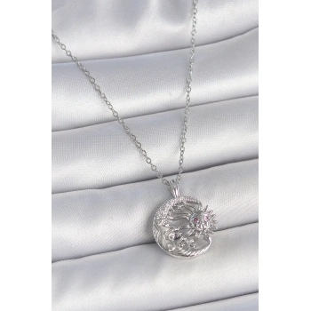 316L Çelik Gümüş Renk Zincir Ay Güneş Model Zirkon Taş Detay Kadın Kolye