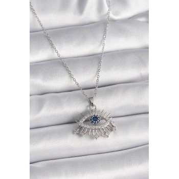 316L Çelik Gümüş Renk Zincir Zirkon Taşlı Göz Model Kadın Kolye