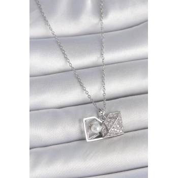 316L Çelik Gümüş Renk Zincir Zirkon Taşlı İncili Açılır Elmas Model Kadın Kolye