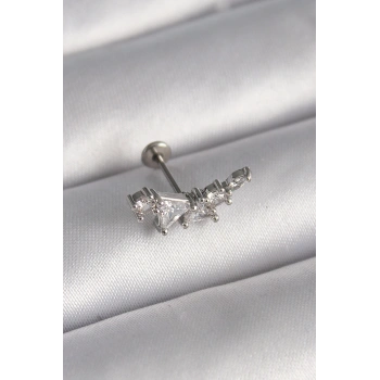 316L Çelik Gümüş Renk Zirkon Taşlı Tragus Piercing