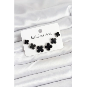 316L Çelik Gümüş Siyah Renk 3 Boy Yonca Küpe Seti