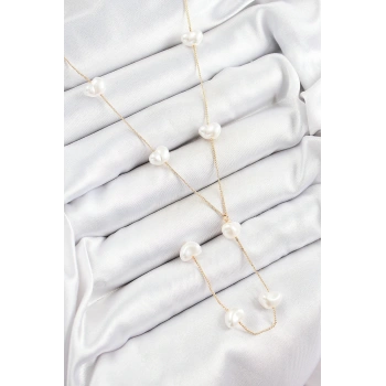 Pirinç İncili Kalp Figürlü Y Model Gold Renk Kadın Kolye