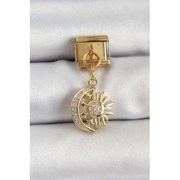 316L Çelik Sallantılı Zirkon Taşlı Ay Ve Güneş Model Gold Renk Nomination Charm