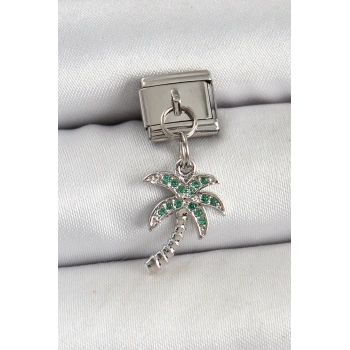 316L Çelik Sallantılı Zirkon Taşlı Palmiye Ağacı Model Gümüş Renk Nomination Charm