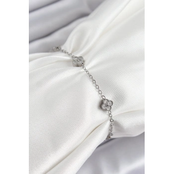 316L Çelik Yonca Model Gümüş Renk Kadın Bileklik