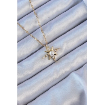 316L Çelik Zincir Altın Renk Baget Taşlı İnci Detay Kutup Yıldızı Kolye