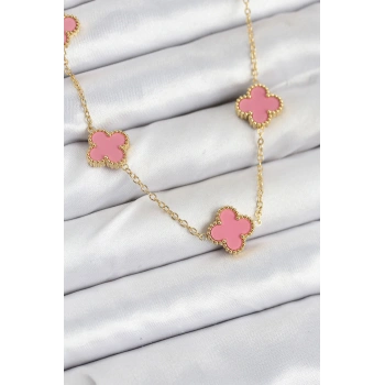316L Çelik Zincir Gold Pembe Renk Yonca Kadın Kolye