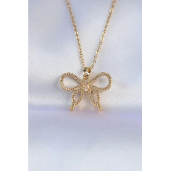 316L Çelik Zincir Gold Renk Zirkon Taşlı Fiyonk Kolye