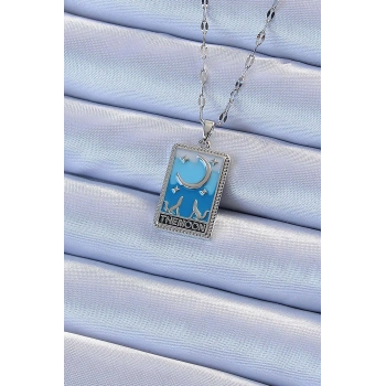 316L Çelik Zincir Gümüş Renk Mavi Mineli Ay Figür Tarot Kolye