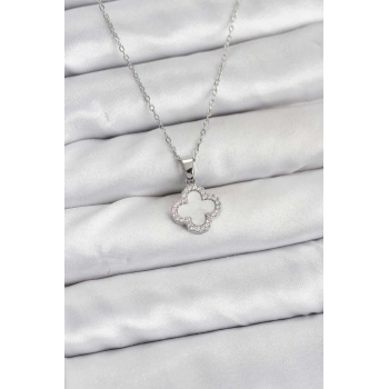 316L Çelik Zincir Gümüş Renk Sedefli Yonca Kadın Kolye