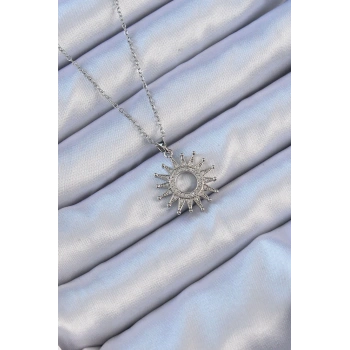 316L Çelik Zincir Gümüş Renk Zirkon Taşlı Parlayan Güneş Kolye