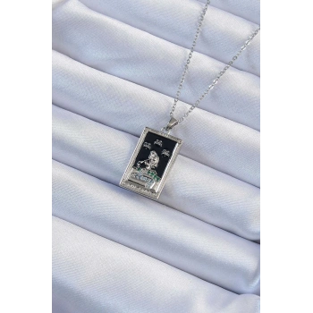 316L Çelik Zincir Gümüş Renk Zirkon Taşlı Siyah Mineli Kız Figürlü Tarot Kolye