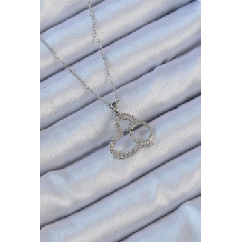 316L Çelik Zincir Gümüş Renk Zirkon Taşlı Yüzüklü Kalp Kolye