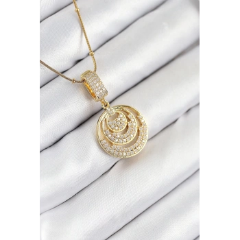 316L Çelik Zirkon Taşlı Çember Model Gold Renk Kadın Kolye