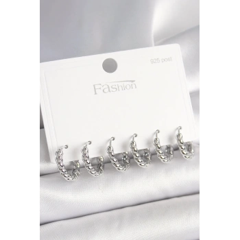 925 Ayar Gümüş Çivi Pirinç Gümüş Renk Sarmal Halka Model Kadın Küpe Seti