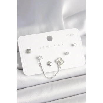 925 Ayar Gümüş Çivi Pirinç Gümüş Renk Zirkon Taşlı Yonca Model Sallantı Zincir Detay Kadın Küpe Seti