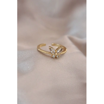 Ayarlamalı Altın Renk Metal Zirkon Taş ve Kristal Taşlı Kelebek Model Yüzük