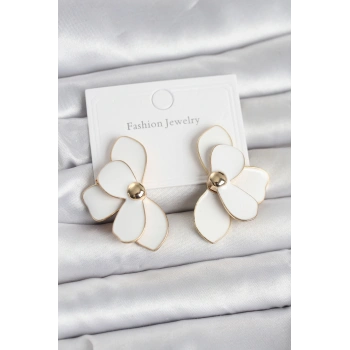 Beyaz Mineli Lotus Model Pirinç Kadın Küpe