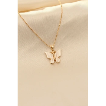 Beyaz Sedefli Kelebek Figürlü Kadın Kolye