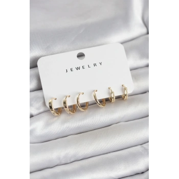 Gold Renk Pirinç 3 Çift Kadın Küpe Seti